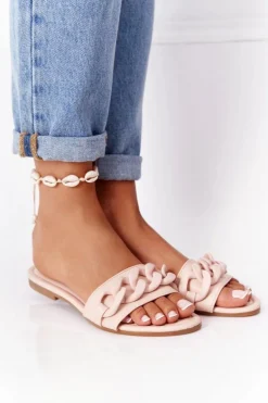 Skórzane Klapki Z Łańcuchem Beżowe Step By Step