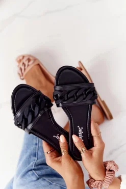 Skórzane Klapki Z Łańcuchem Czarne Step By Step