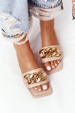 Skórzane Klapki Z Łańcuchem Nude French Kiss