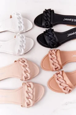 Skórzane Klapki Z Łańcuchem Białe Step By Step