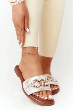 Skórzane Klapki Z Łańcuszkiem Nicole 2652 Białe Metaliczne