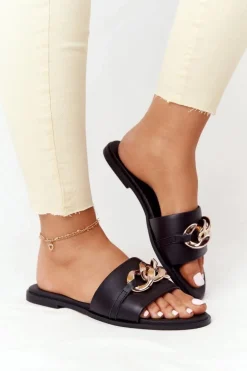 Skórzane Klapki Z Łańcuszkiem Nicole 2652 Czarne