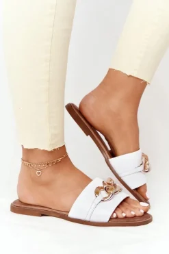 Skórzane Klapki Z Łańcuszkiem Nicole 2652 Białe