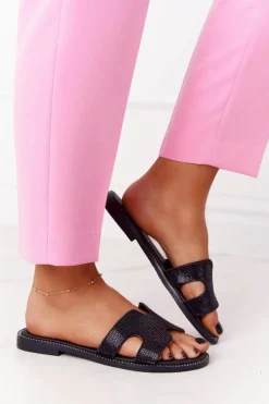 Skórzane Klapki Z Cyrkoniami Czarne Modena