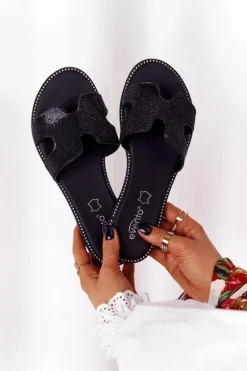 Skórzane Klapki Z Cyrkoniami Czarne Modena