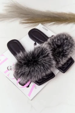 Skórzane Klapki Z Futerkiem Czarno-Białe Love You So