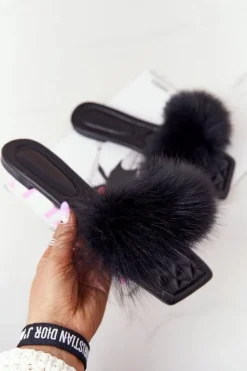 Skórzane Klapki Z Futerkiem Czarne Love You So