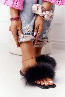 Skórzane Klapki Z Futerkiem Czarne Love You So