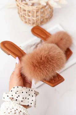 Skórzane Klapki Z Futerkiem Camel Love You So