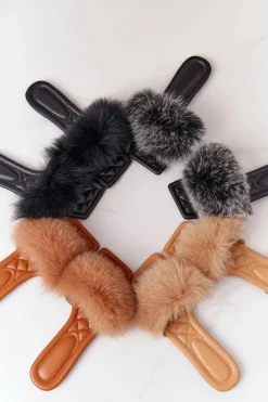 Skórzane Klapki Z Futerkiem Camel Love You So