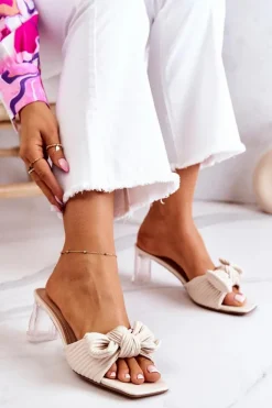 Skórzane Klapki Z Kokardą Beżowe Rosalee