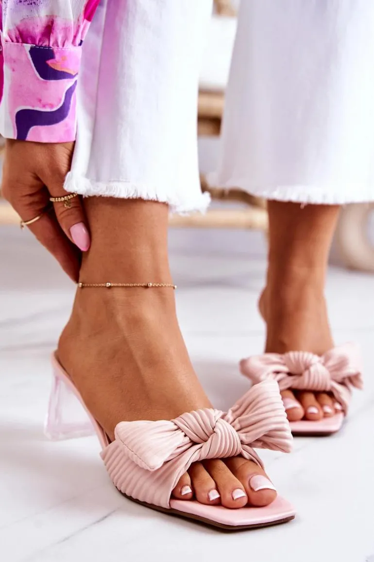 Skórzane Klapki Z Kokardą Różowe Rosalee