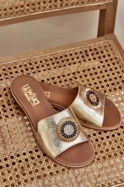 Skórzane Klapki Z Ozdobą Na Płaskim Obcasie Zazoo 3047/O Złote