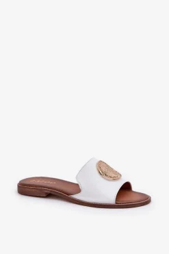 Skórzane Klapki Z Ozdobą Na Płaskim Obcasie Zazoo 3047/O Białe