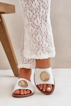 Skórzane Klapki Z Ozdobą Na Płaskim Obcasie Zazoo 3047/O Białe