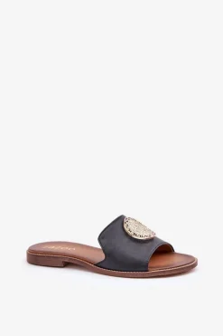 Skórzane Klapki Z Ozdobą Na Płaskim Obcasie Zazoo 3047/O Czarne