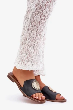 Skórzane Klapki Z Ozdobą Na Płaskim Obcasie Zazoo 3047/O Czarne