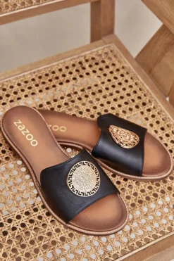 Skórzane Klapki Z Ozdobą Na Płaskim Obcasie Zazoo 3047/O Czarne