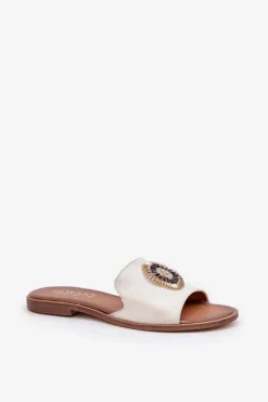 Skórzane Klapki Z Ozdobą Na Płaskim Obcasie Lewski 3047/O Złoty Przecierany