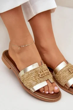 Skórzane Klapki Z Ozdobnym Detalem I Plecionką Zazoo 40426 Złote
