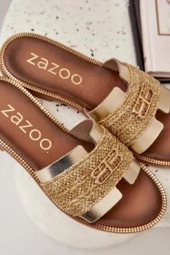 Skórzane Klapki Z Ozdobnym Detalem I Plecionką Zazoo 40426 Złote