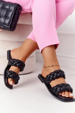 Skórzane Klapki Z Plecionką Czarne Love On Top