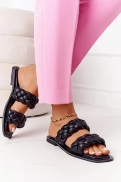Skórzane Klapki Z Plecionką Czarne Love On Top