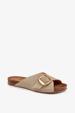 Skórzane Klapki Ze Złotą Klamrą Maciejka 07000-22 Pistacjowe