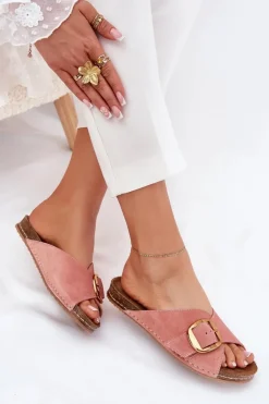 Skórzane Klapki Ze Złotą Klamrą Maciejka 07000-15 Różowe