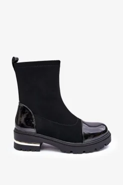 Skórzane Klasyczne Botki Na Płaskim Obcasie Czarne Shendete