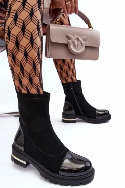 Skórzane Klasyczne Botki Na Płaskim Obcasie Czarne Shendete