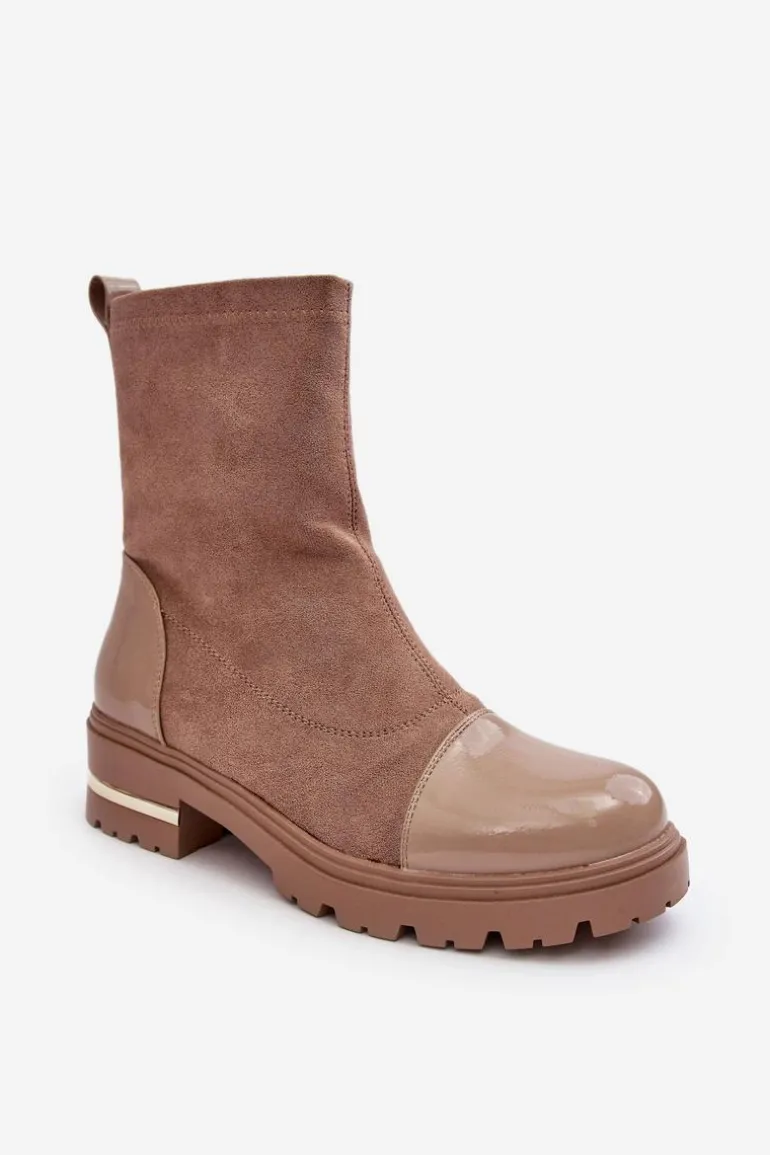 Skórzane Klasyczne Botki Na Płaskim Obcasie Beżowe Shendete