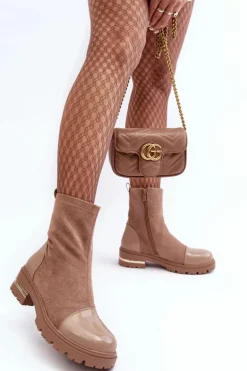 Skórzane Klasyczne Botki Na Płaskim Obcasie Beżowe Shendete