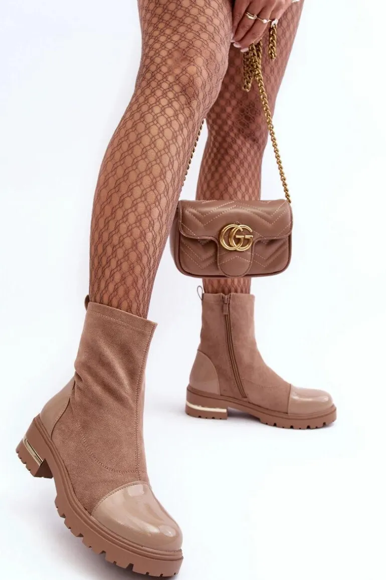 Skórzane Klasyczne Botki Na Płaskim Obcasie Beżowe Shendete