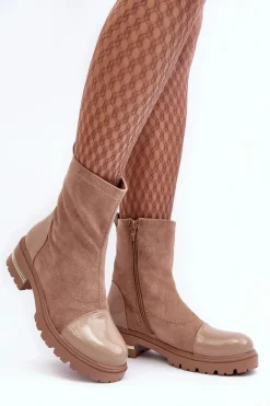 Skórzane Klasyczne Botki Na Płaskim Obcasie Beżowe Shendete