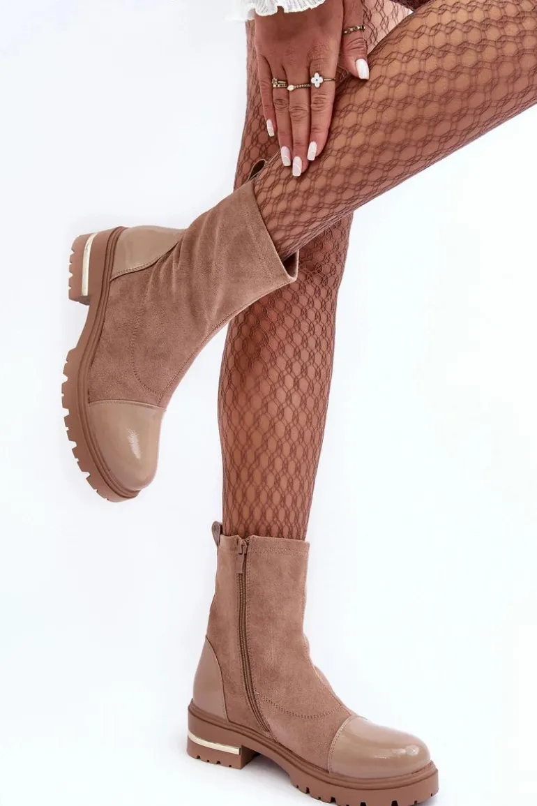 Skórzane Klasyczne Botki Na Płaskim Obcasie Beżowe Shendete