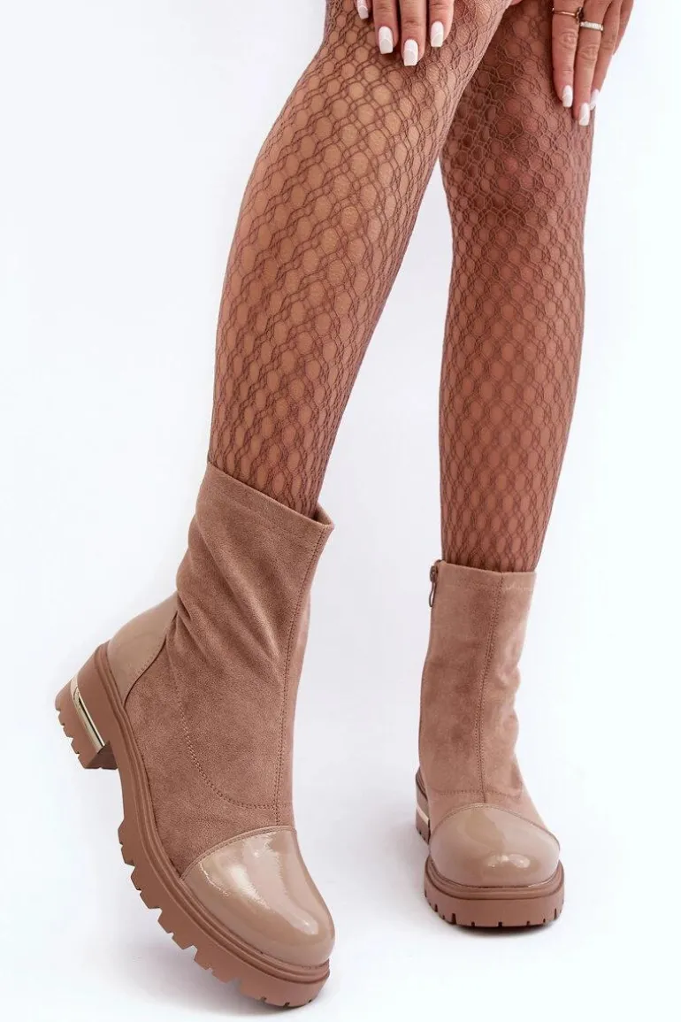 Skórzane Klasyczne Botki Na Płaskim Obcasie Beżowe Shendete