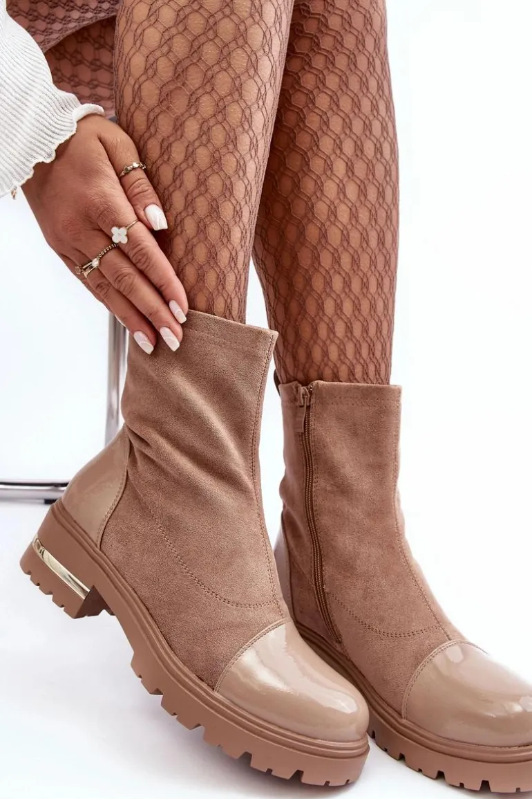 Skórzane Klasyczne Botki Na Płaskim Obcasie Beżowe Shendete