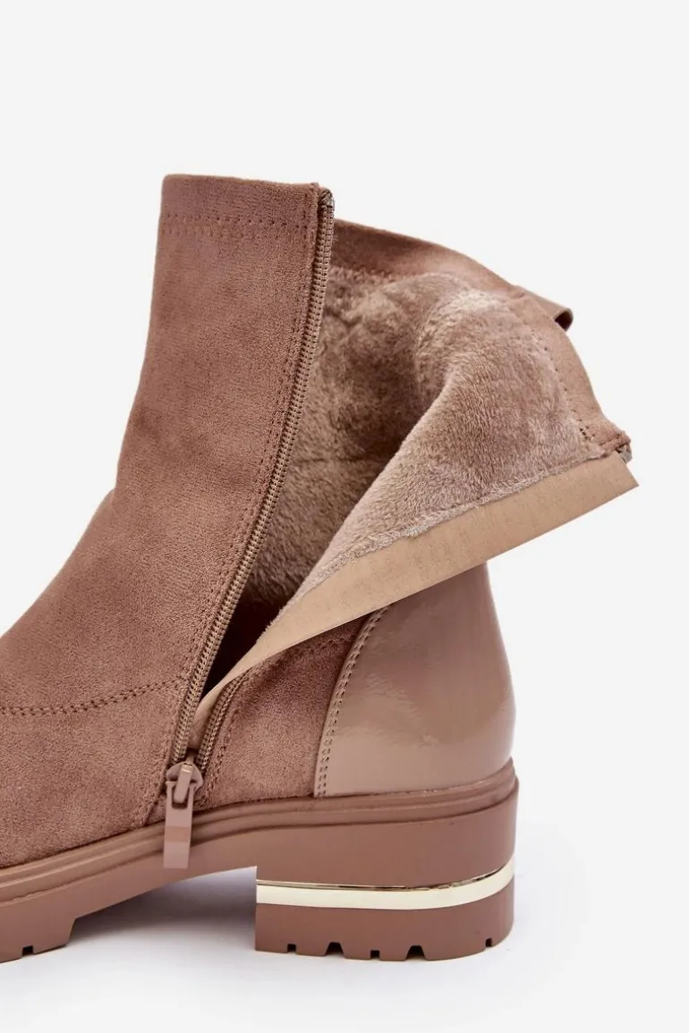 Skórzane Klasyczne Botki Na Płaskim Obcasie Beżowe Shendete