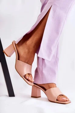 Skórzane Klasyczne Klapki Na Obcasie Nude Talena