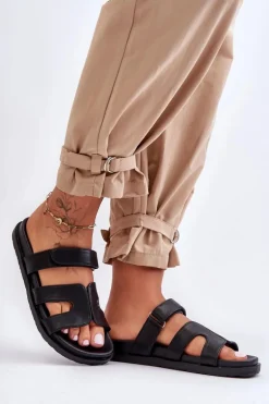 Skórzane Klasyczne Klapki Damskie Na Rzep Czarne Amedon