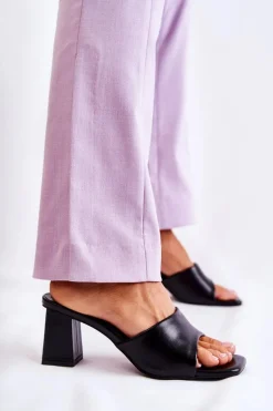 Skórzane Klasyczne Klapki Na Obcasie Czarne Talena