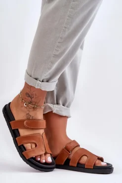 Skórzane Klasyczne Klapki Damskie Na Rzep Brązowe Amedon