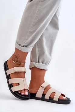 Skórzane Klasyczne Klapki Damskie Na Rzep Beżowe Amedon