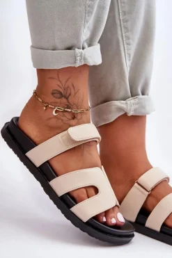 Skórzane Klasyczne Klapki Damskie Na Rzep Beżowe Amedon