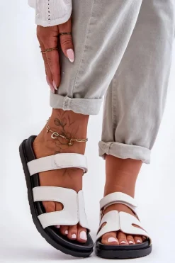 Skórzane Klasyczne Klapki Damskie Na Rzep Białe Amedon