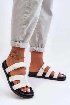 Skórzane Klasyczne Klapki Damskie Na Rzep Białe Amedon