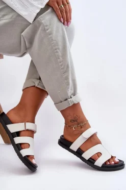 Skórzane Klasyczne Klapki Damskie Na Rzep Białe Amedon