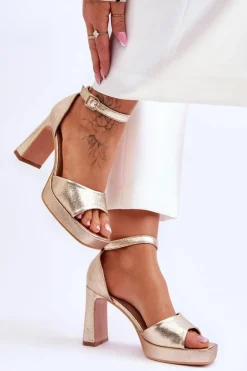 Skórzane Klasyczne Sandały Na Platformie Złote Classy
