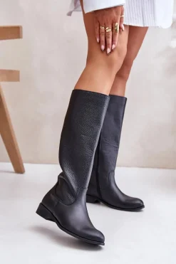 Skórzane Kozaki Damskie Do Połowy Łydki Na Zamek Lewski 3616 Czarne